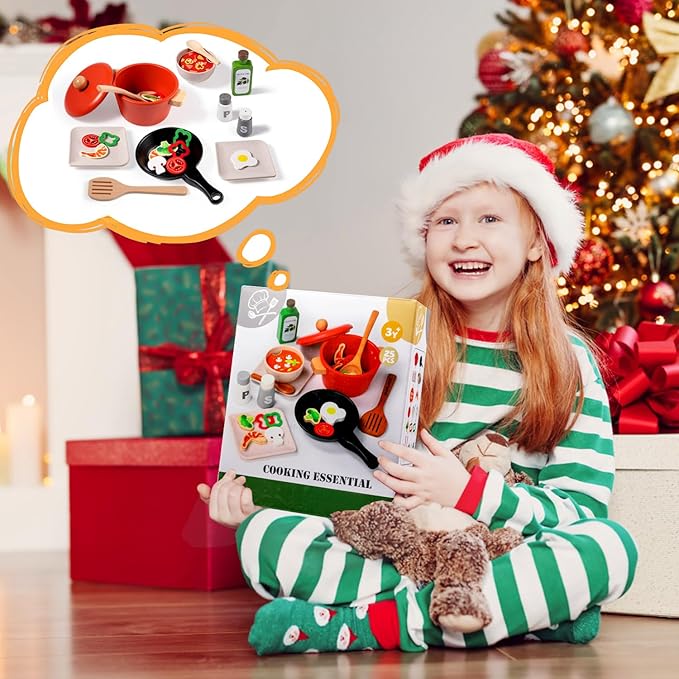 OMYBaby Wooden Play Kitchen Accessories Set for Toddlers, 25PCS Cooking Playset Food Toys with pots & Pans, Melissa and Doug Pretend Play Kitchen Toys Gift for Kids 3Y+