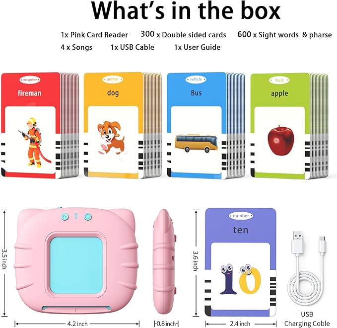 Kidzdo Toddler Audible Flash Cards with Music, Montessori Toys, Pocket Speech Therapy Toys, 600 Sight Words, Alphabet, Numbers 0-100, Phrase, etc, Learning Educational Gifts for 3 4 5 Years Girls