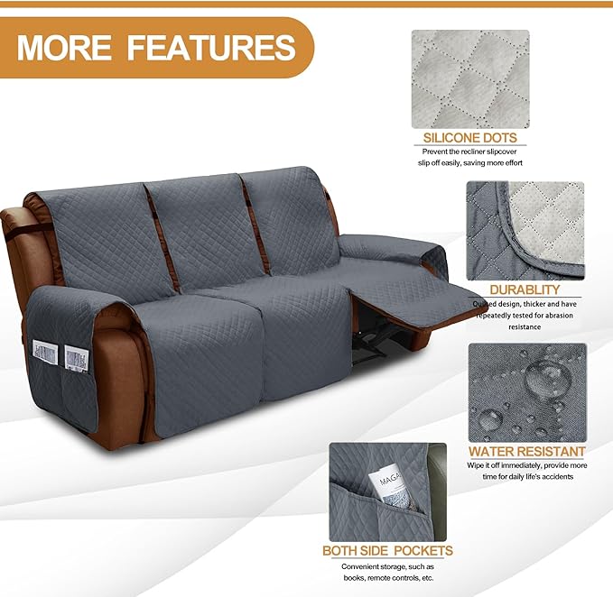 XINEAGE Water Resistant Recliner Cover, 3 seat Recliner Sofa Covers with Pockets, Quilted Thick Recliner Protector Cover for Dog Pets with Non Slip Backing and Strap (Recliner Sofa, Dark Gray)