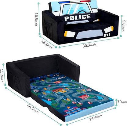 MallBest Kids Sofas, Extra Wide Toddler Couch Bed - 2 in 1 Baby Convertible Foam Chair to Lounger,Toddler Couch for Boys and Girls,Black/Police Car