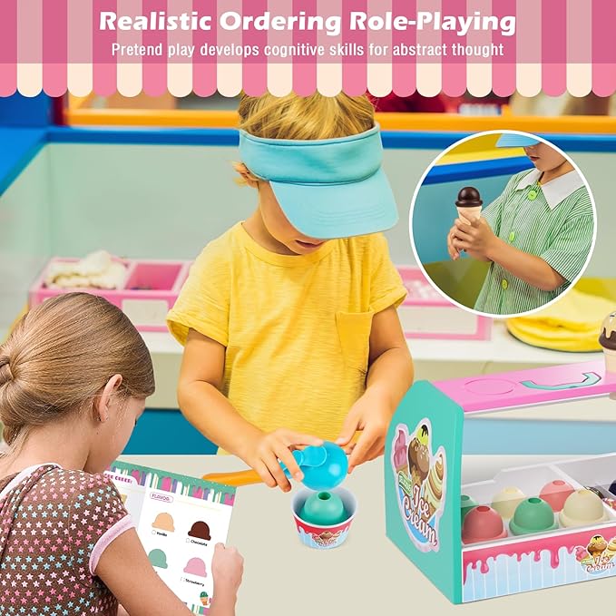 Ice Cream Counter Playset for Kids, Ice Cream Shop Toys, Pretend Play Toys, Play Food Scoop and Serve, Toddler Girls and Boys Ages 3+