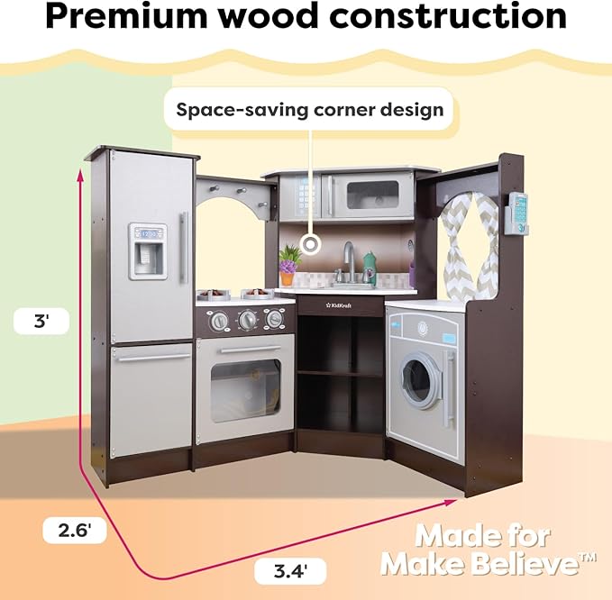 KidKraft Ultimate Corner Wooden Play Kitchen with Lights & Sounds, Play Phone and Curtains, Espresso, Gift for Ages 3+