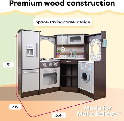 KidKraft Ultimate Corner Wooden Play Kitchen with Lights & Sounds, Play Phone and Curtains, Espresso, Gift for Ages 3+