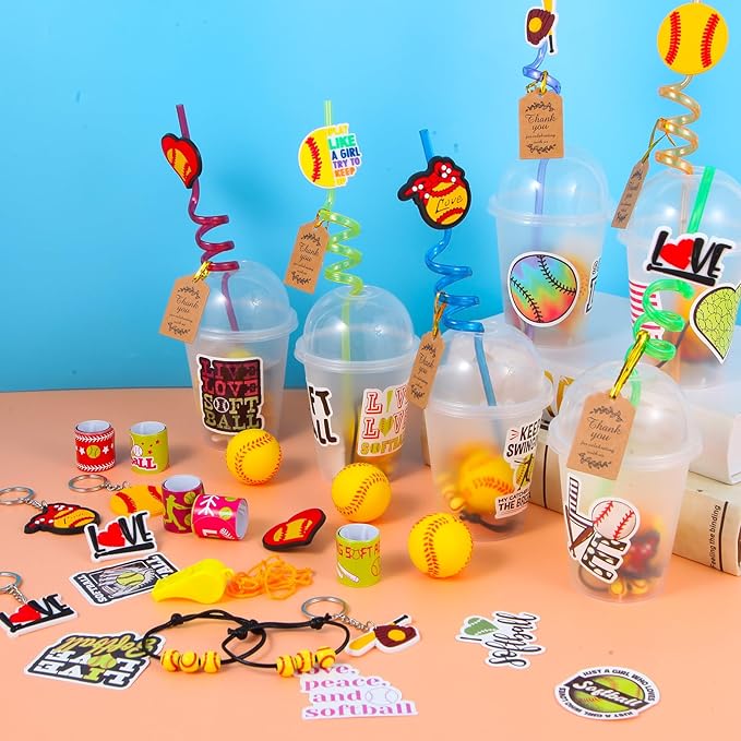 LiYiQ 158 Pcs Softball Party Favors Softball Party Supplies With Cup Straw Stress Ball Keychain Sticker Slaps Bracelets Whistle Thank You Tags For Softball Birthday Decorations (Softball)