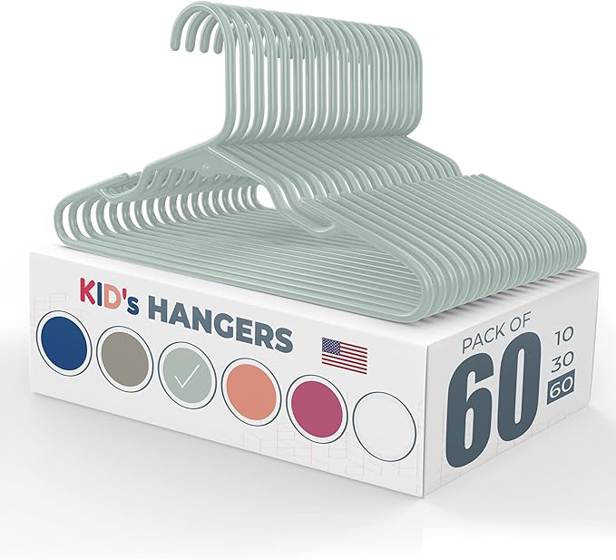 60pk Made in USA Baby Hangers | Kids Hangers for Children's Clothes, Toddler Outfits and Clothing | 20 50 100 Pack Available | Kid Plastic Hanger for Closet and Nursery | Child Kid Hangars (Mint)
