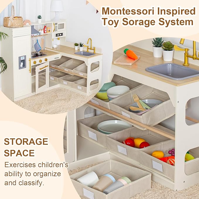 Corner Play Kitchen for Kids Kitchen Playset with Toy Storage System, Wooden Toy Kitchen Set with Plenty of Play Features, Toddler Kitchen Set for Boys and Girls Ages 3+ (White)