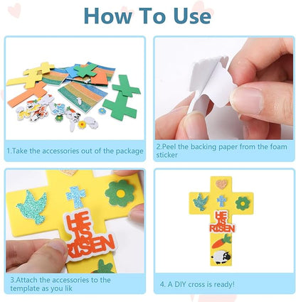 Fennoral 24 Pack Easter Cross Craft Kit for Kids Make You Own Cross Foam Stickers Ornament DIY Easter Arts and Crafts for Spring Party Supplies Easter Decoration