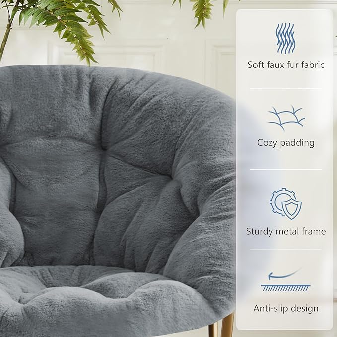 DUMOS Comfy Saucer Chairs, Faux Fur Lounge Bedroom Living Room Flexible Folding Seating for Kids Adults Soft Padded Metal Frame Modern for Home Office Grey