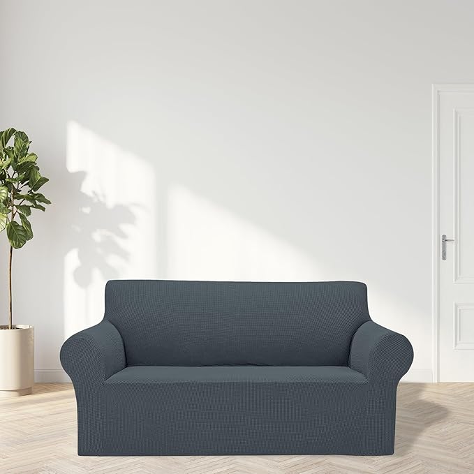 2025 New Stretch Loveseat Sofa Slipcovers Couch Cover for 2 Cushion Furniture Protector Sofa Covers with Elastic Bottom Jacquard Fabric Small Checks for Pets, Kids - Grey