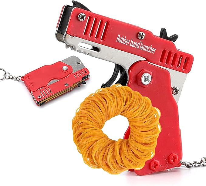 Kids Toys Cool Keychain Rubber Band Mini Metal Folding Rubber Launcher Toy with 60 Elastic Rubber Bands for Game Outdoor Activities (red)