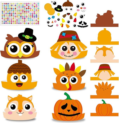 chiazllta 24 Packs Fall Crown Craft Kits for Kids Thanksgiving Pumpkin Turkey Headband Autumn DIY Art Craft Sticker Set Preschool Home Classroom Game Activities Party Favors