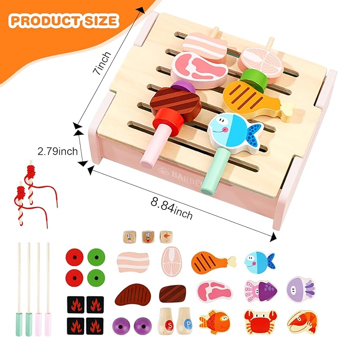 Wooden Grill Playset for Kids 3 Years Old,Children BBQ Grill Playset,2023 New Upgrade Play Kitchen Toy Grill-Pink