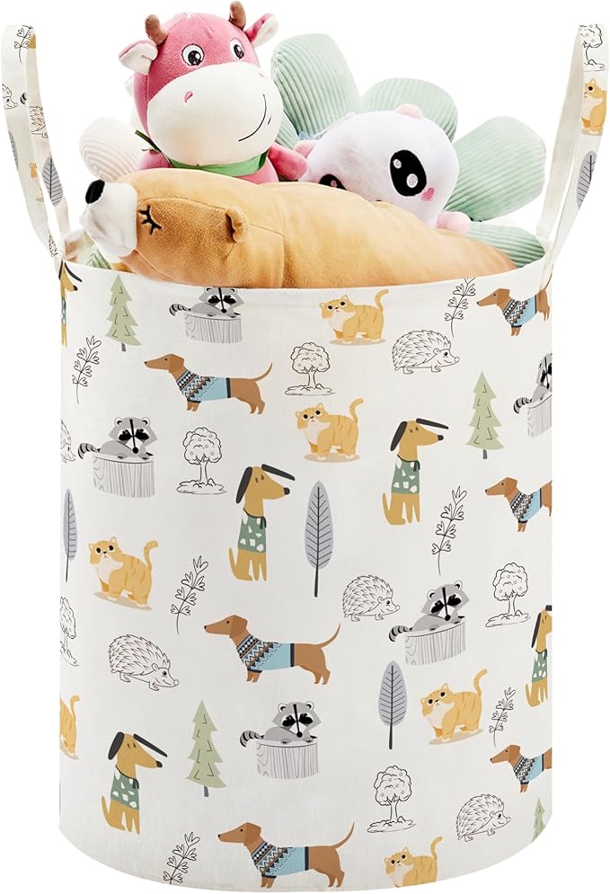 TECHMILLY Large Storage Basket for Girls and Boys, Collapsible Laundry Hamper with Long Handles, Toy Bins for Nursery, Kids Room Décor (Cartoon Animal)