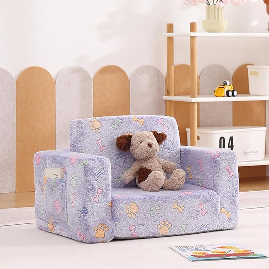 Tiita Kids Sofa, 2-in-1 Kids Sofa Chair, Convertible Children Couch to Lounger, Flip Out Kids Sofa Chair, Toddler Armrest Chair Bed, Folding Kids Play Sofa for Girl or Boy, Purple Paws