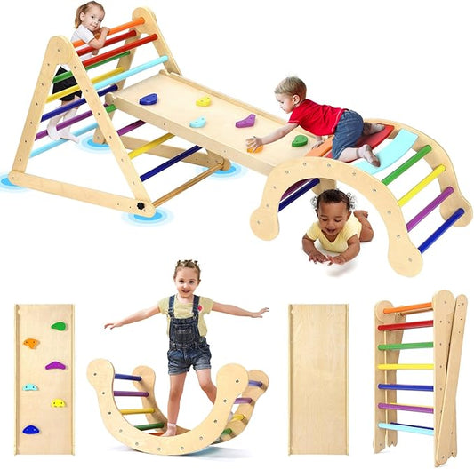 YOLEO Large Pikler Triangle Set, Wooden Toddler Climbing Toys Indoor with Safer Sturdy Base, Montessori Pikler Triangle Climbing Set for Kids' Indoor Climber & Playground & Jungle Gym (Rainbow)