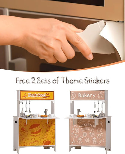 ROBUD Montessori Wooden Play Kitchen, Kids Kitchen Playset with Customisable Themes, Pretend Toddlers Kitchen Toy with DIY Creative Chalkboard, Gift for Ages 3 4 5 6 7 8