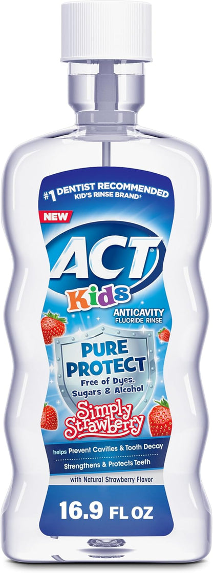 ACT Kids Pure Protect Anticavity Fluoride Rinse, Natural Strawberry Flavor Without Sugar, Free from Dyes & Alcohol, 16.9 fl. oz.