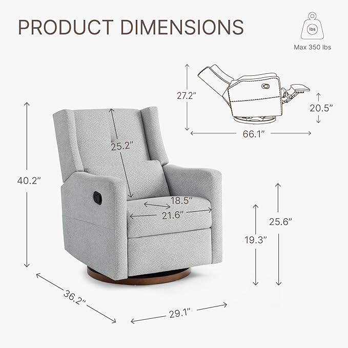 Upholstered Recliner Swivel Glider Nursery Chair Reclining Performance Fabric Rocker with Wood Base,Boucle,Grey