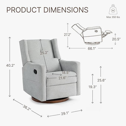 Upholstered Recliner Swivel Glider Nursery Chair Reclining Performance Fabric Rocker with Wood Base,Boucle,Grey