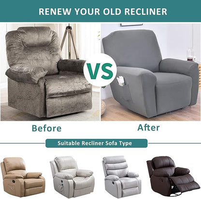 NILUOH Stretch Recliner Cover 4 Pieces Electric Power Lift Recliner Chair Cover Reclining Couch Cover Anti-Slip Fitted Furniture Protector with Side Pocket