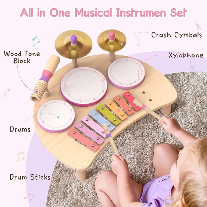 Kids Drum Set Montessori Musical Instruments for Toddlers 1-3, Wooden Baby Drum Kit with Xylophone, Preschool Music Toys for Early Learning, Educational Birthday Gift for Boys Girls (Pink)
