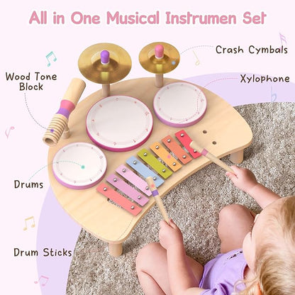Kids Drum Set Montessori Musical Instruments for Toddlers 1-3, Wooden Baby Drum Kit with Xylophone, Preschool Music Toys for Early Learning, Educational Birthday Gift for Boys Girls (Pink)