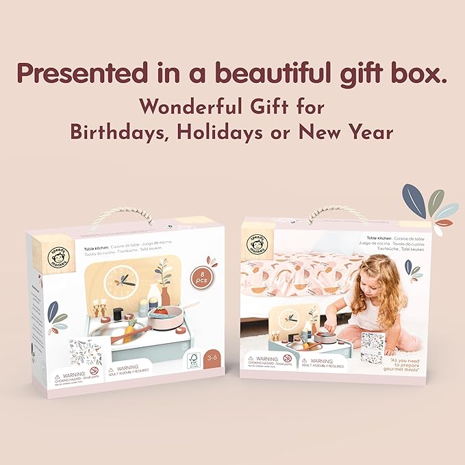 SPEEDY MONKEY Table-Set Kitchen with 8 Accessories, Portable Wooden Kitchen Toy with Stovetop, Spatula, Pan & More, Encourages Creative Play, Ideal for Kids to Cook, Serve and Clean Up