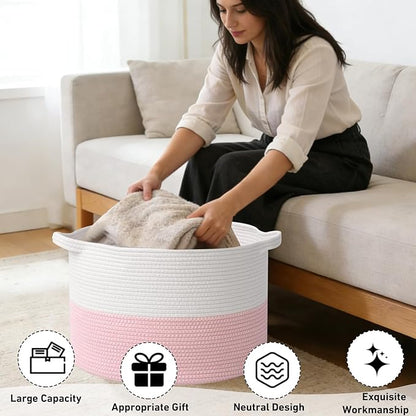115L Extra Large Pink Woven Cotton Rope Basket with Handles, Kids Nursery Laundry Hamper for Toys, Blankets, Pillows & Comforters, Cute Storage Bin for Bedroom & Playroom