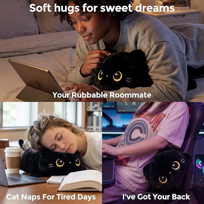 Mewaii Cute Black Cat Plush Pillow, Kawaii Plushies Black Cat Stuffed Animals, Squishy Plushies, Cuddle Plush Pillow for Kids & Girls (13 Inch)