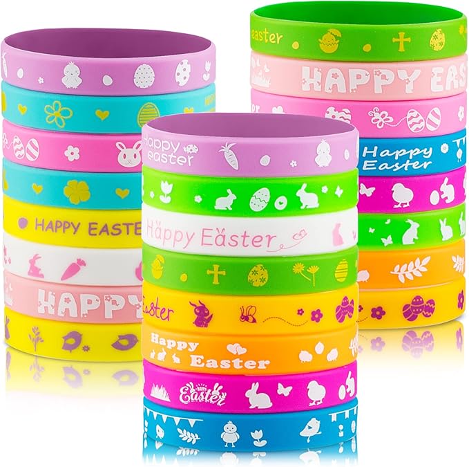 24pcs Easter Rubber Bracelets Silicone Wristbands for Easter Party Favors Supplies Rubber Bracelets for kids&teens Gifts Easter Egg Fillers Gifts for Girls Boys Basket Stuffers Accessories