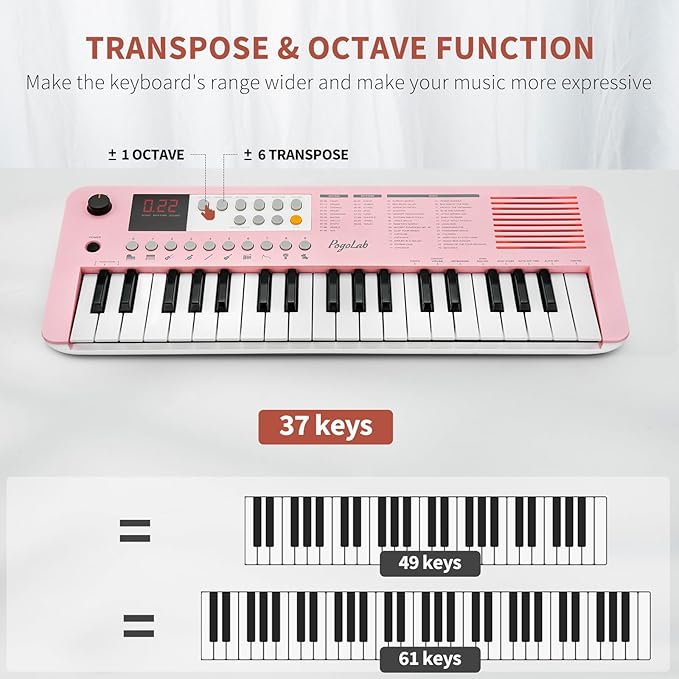 POGOLAB MK1 37 Keys Kids Keyboard Piano, Mini Portable Multi-Function Piano with Excellent Sound Quality, Built-In Speaker & LED Display, Small Electric Music Keyboard Gift for Beginners (Pink)