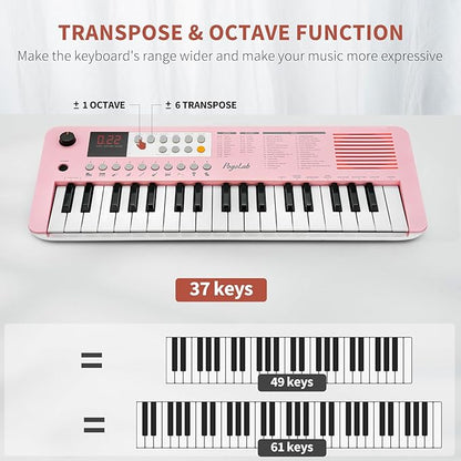 POGOLAB MK1 37 Keys Kids Keyboard Piano, Mini Portable Multi-Function Piano with Excellent Sound Quality, Built-In Speaker & LED Display, Small Electric Music Keyboard Gift for Beginners (Pink)