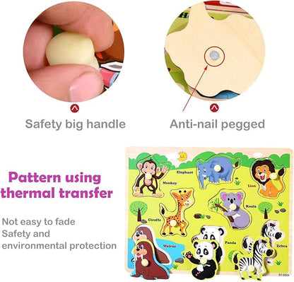 Wooden Peg Puzzles for Toddlers 2 3 4 Years Old, Kids Educational Preeschool Peg Puzzles Toy, 3 Pcs Toddler Puzzles Set - Traffic, Animals and Ocean, Great Gift for Girls and Boys (First Edition)