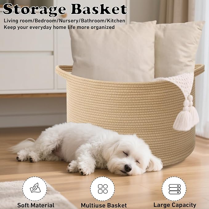 90L Large Blanket Basket, 21.7"x 21.7"x 13.8" Rope Woven Storage Basket with Handles, Laundry Hamper for Toys, Clothes, Pillows & Towels, Perfect for Living Room, Nursery & Bedroom,Camel