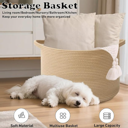 115L Extra Large Woven Cotton Rope Blanket Basket with Handles, Laundry Hamper Storage Bin for Pillows, Comforters,Clothes, Toys, Nursery, Bedroom and Living Room Organization,Camel