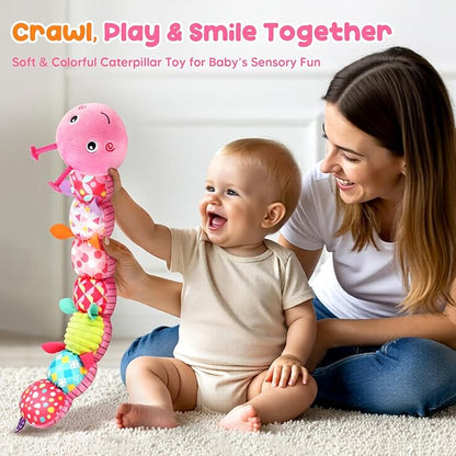 Baby Toys Musical Caterpillar, Infant Stuffed Animal for 0-6 6-12 Months with Crinkle and Rattles, Tummy Time Sensory Toys Newborn Boys Girls Gifts 0 3 6 9 12 Months - Pink