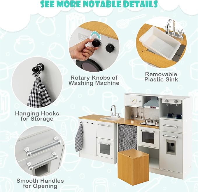 HONEY JOY Kids Kitchen Playset, 2-Piece Modular Wooden Corner Toy Kitchen Set/Washing Machine & Sink, Coffee Maker, Range Hood & Stove, Stool, Little Chef Pretend Play Kitchen for Toddlers, Natural