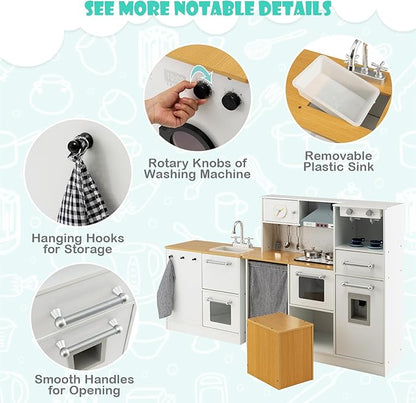 HONEY JOY Kids Kitchen Playset, 2-Piece Modular Wooden Corner Toy Kitchen Set/Washing Machine & Sink, Coffee Maker, Range Hood & Stove, Stool, Little Chef Pretend Play Kitchen for Toddlers, Natural