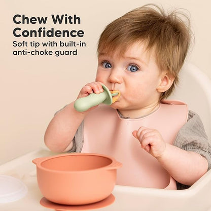 KeaBabies 4-Pack Silicone Baby Spoons and Forks Set - Baby Spoon Self Feeding, BLW Baby Utensils 6-12 Months, Baby Led Weaning Feeding Spoon, Teething Infant Baby First Food Training Pre Spoon (Sage)