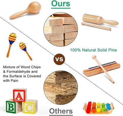 LOOIKOOS Baby Musical Instruments Montessori Toys for Toddlers 1-3,Natural Wooden Percussion Instruments Set for Kids Preschool Educational Musical Toys for Ages 5-9