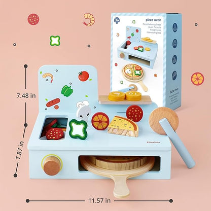 Wooden Pizza Toy,Wooden Pizza Counter Playset with Bake Oven, Montessori Pretend Play Food for Kids Kitchen,Christmas Birthday Gift for Toddlers Boys Girls 3 4 5 6 Year Old