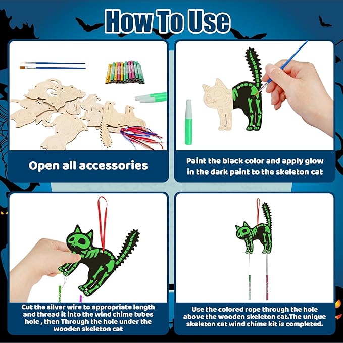 Fennoral 9 Pack Cat Wind Chime Kit for Kids Make You Own Glow in Dark Cat Skeleton DIY Coloring Wooden Arts and Crafts for Halloween Art Activity Halloween Party Decorations