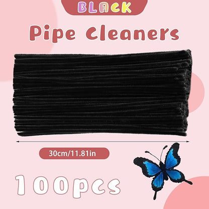 ZXIIXZ Pipe Cleaners Craft, 100 Pcs Black Chenille Stems Bulk Pipe Cleaners Craft Supplies for Festivals Art DIY Home Decorations