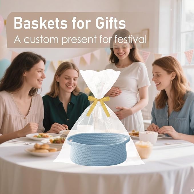 JMvicyroam Woven Basket,Small Rope Storage Bin with Handles & Ribbon Bag, Organizer for Shelves Closets,Gift Basket Empty for Birthday,Books,Dog Toys, Blue