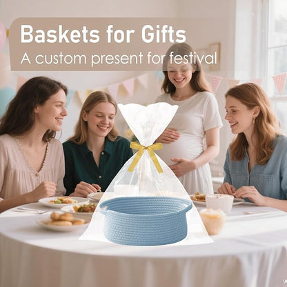 JMvicyroam Woven Basket,Small Rope Storage Bin with Handles & Ribbon Bag, Organizer for Shelves Closets,Gift Basket Empty for Birthday,Books,Dog Toys, Blue