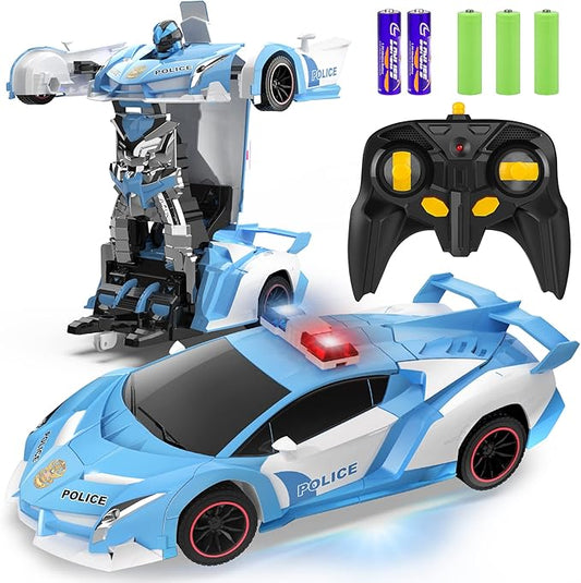 FDJ RC Cars - Transform Remote Control Car, 2.4Ghz 1:18 Scale Transforming Police Car Toy with Flashing Light, One Button Deformation 360 Degree Rotating Drifting Kids Toys Car for Boys Girls