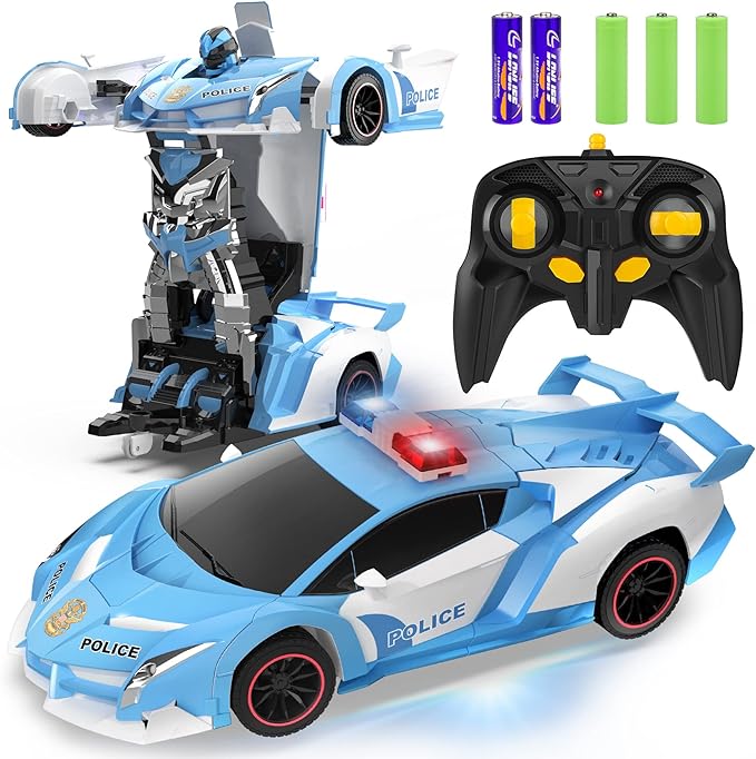 FDJ RC Cars - Transform Remote Control Car, 2.4Ghz 1:18 Scale Transforming Police Car Toy with Flashing Light, One Button Deformation 360 Degree Rotating Drifting Kids Toys Car for Boys Girls