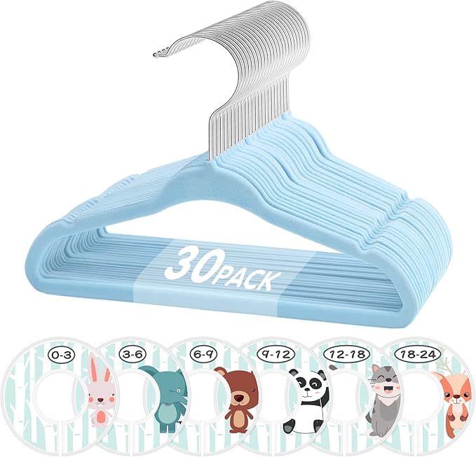 Baby Hangers, VIS'V 11 Inch Blue Velvet Kids Hangers with 6 Pcs Size Dividers Non Slip Nursery Children Closet Clothes Hangers for Infant Toddler Girls and Boys 30 Pcs