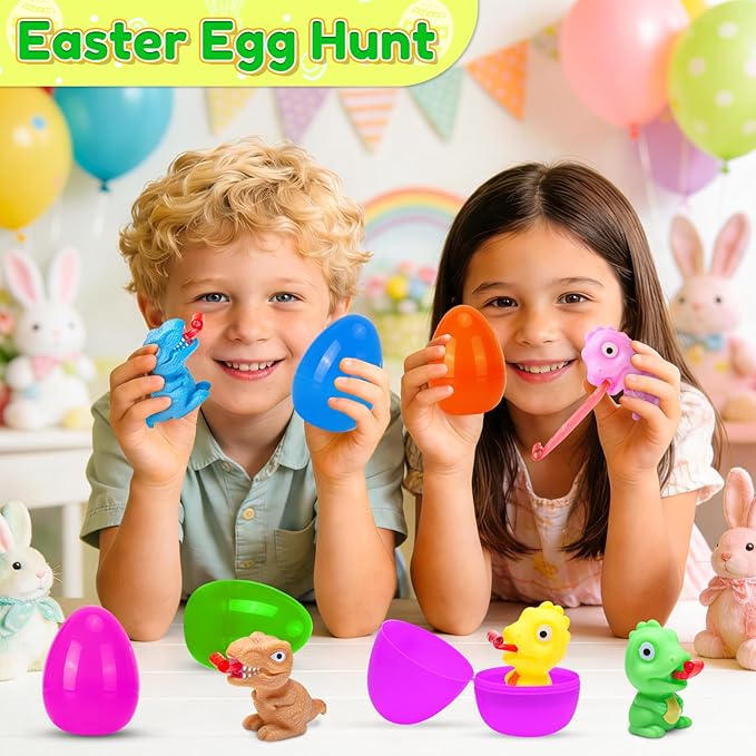 Easter Dinosaur Toys for Kids, 6 Pack Filled Easter Egg with Dinosaur Tongue Out Squeeze Toys, Funny Novelty Toys for Boys & Girls,Perfect for Easter Hunt,Basket Stuffers & Party Favors