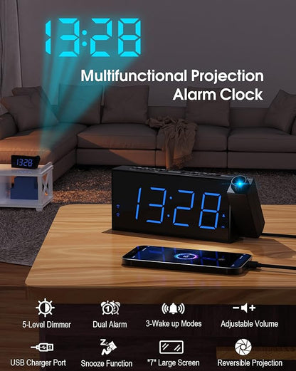 Projection Alarm Clock for Bedrooms,7'' Digital Clock with 180° Projector, 5-Level Brightness Dimmer, USB Charger,Snooze,12/24H& Battery Backup,Suitable for Deaf and Hard of Hearing,Kids,and Elders